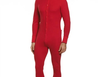 May include: A red long-sleeved one-piece thermal underwear garment with a button-up front.