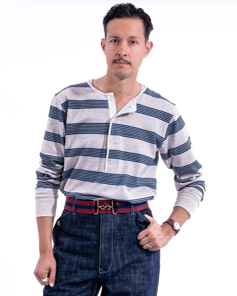 1920s Style Men’s Shirts | Peaky Blinders Shirts and Collars     Navy & Grey Marl Henley Button Front Undershirt Long Sleeve By Sjc $98.20 AT vintagedancer.com