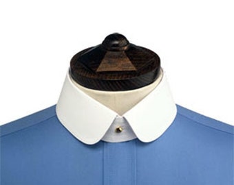 May include: A blue dress shirt with a white collar and a button-down closure. The collar is a rounded, Peter Pan style.
