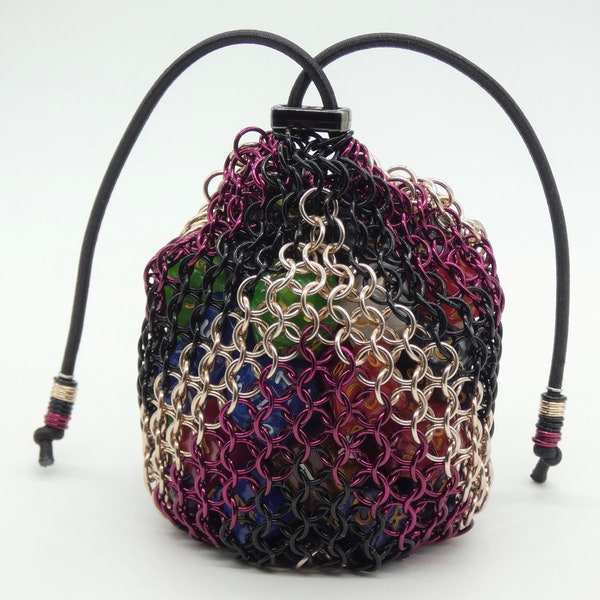 Dice Bag, 6 sets of dice, chain mail, chainmail, chainmaille, Black, Wine, Rose Gold