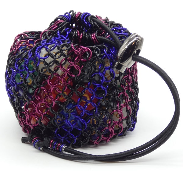 Dice Bag, 6 sets of dice, chain mail, chainmail, chainmaille, Black, Wine, Midnight Purple