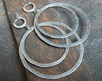 Textured handmade oxidized silver earrings - double hoops