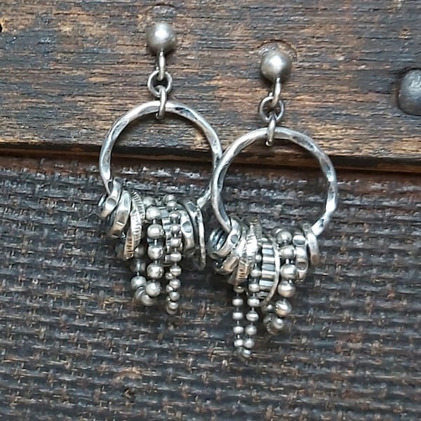 Oxidized sterling silver earrings - hoops with elements