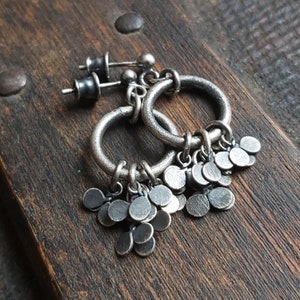 Textured oxidized sterling silver earrings - hoops with leaves