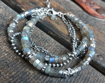 Labradorites - handgemachtes doppelt oxidiertes Silberarmband - Unisex