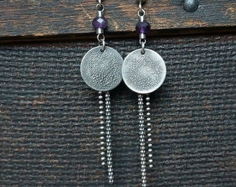 Textured oxidized silver earrings with amethyst and chains