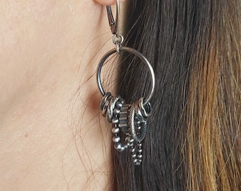 Oxidized silver earrings - hoops with elements