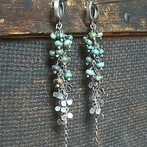 Long oxidized sterling silver earrings with African turquoises and leaves