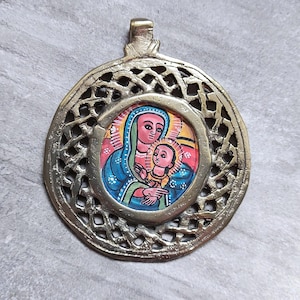 Ethiopian Coptic Icon Pendant Coptic Painted Madonna Medallion Ethiopian Religious Pendant African Ethnic Coptic Cross