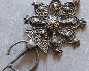 Broche Antique En Argent 800 Vermeil Signée - Fibule Vintage Avec Pierres, à Restaurer