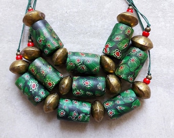 Javanese Mosaic Beads Very Large Java Glass Beads Ethnic Indonesian Beads with Brass Saucer
