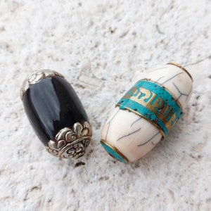 Set of 2 Large Tibetan Beads White Turquoise Mantra Bead Large Black Tibetan Focal Bead