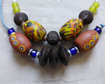 Large Javanese Mosaic Beads Brown Ethnic Indonesian Glass Beads Yellow Jatim Replica
