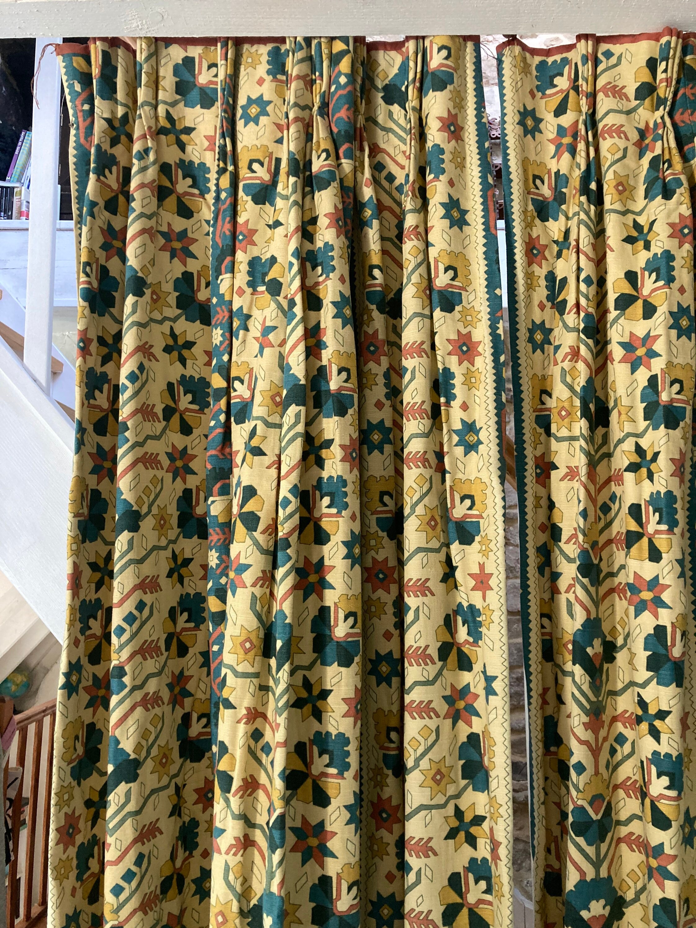2 Paires de Rideaux Vintage en Lin Lourd à Longues Lignes. Années 1990. Design Floral Ethnique. 4 Da