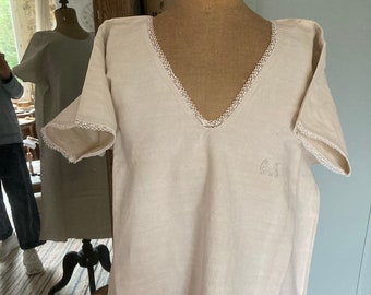 Reduced! Antique French linen shift, nightie, sun dress, chemise. Handmade lace, crochet trim. Monogrammed.