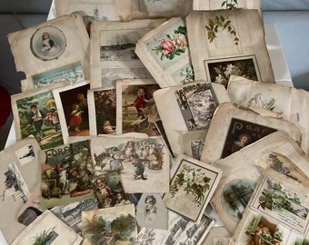 Treasure trove of 19th century scrapbooking pages. Cards, lithos, original paintings, cut outs. Children, animals, flowers, poems…..