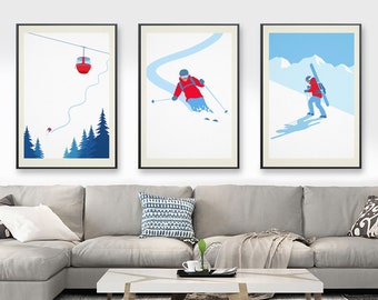 Set of 3 unframed minimalistic ski prints, Set of 3 unframed ski posters, Ski Resort Poster, Ski Print , Snowboard Poster,  Ski Gifts