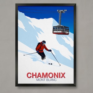 Chamonix fresh tracks poster, Ski Resort Poster, Ski Print , Snowboard Poster,  Ski Gifts, Ski Poster