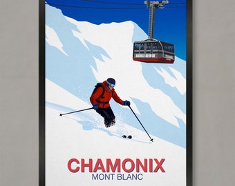 Chamonix fresh tracks poster, Ski Resort Poster, Ski Print , Snowboard Poster,  Ski Gifts, Ski Poster