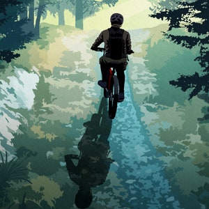 May include: A person riding a mountain bike on a dirt path through a forest. The path is lined with trees and the person is wearing a helmet and riding a black mountain bike.