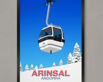 May include: A white gondola cable car with a blue sky and snowy mountain peaks in the background. The gondola is labeled "Arinsal Andorra".