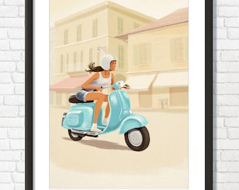 Vintage Vespa Scooter Girl Art Print: Italy Travel Poster