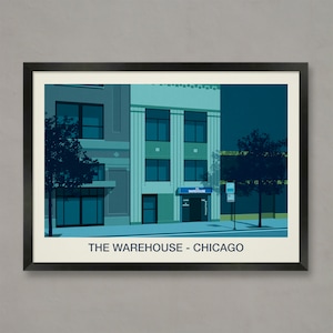 Könnte beinhalten: Eine digitale Illustration eines Gebäudes mit einem blauen Schild, auf dem "The Warehouse" steht, in einer nächtlichen Umgebung. Das Gebäude ist hellblau mit dunkelblauen Fenstern und einer dunkelblauen Tür. Das Gebäude ist von Bäumen und einer Straße umgeben.