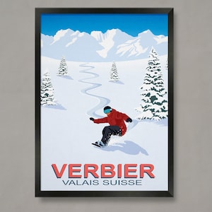 Póster de snowboard de Verbier, póster de estación de esquí, impresión de esquí, póster de snowboard, regalos de esquí, póster de esquí
