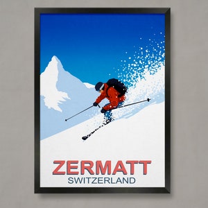 Póster de esquiador de Zermatt, póster de estación de esquí, impresión de esquí, póster de snowboard, regalos de esquí, póster de esquí