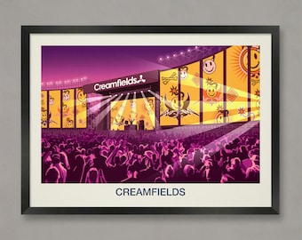 Puede incluir: Una ilustración digital de un escenario de concierto con una gran multitud de personas frente a él. El escenario está decorado con caras sonrientes y las palabras "Creamfields" se muestran en el escenario. La multitud está silueteada en rosa y el fondo es un degradado púrpura.