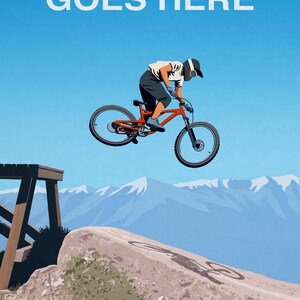 May include: A mountain biker in mid-air, performing a trick on a red mountain bike against a blue sky and snow-capped mountain backdrop.