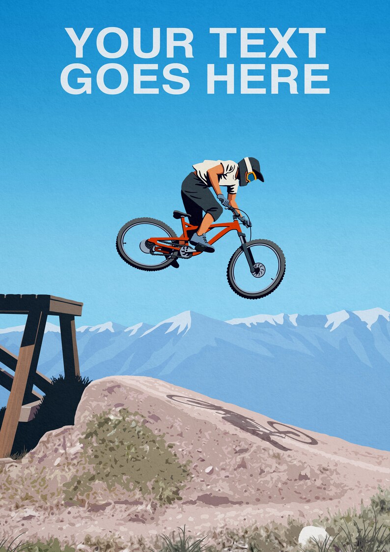 May include: A mountain biker in mid-air, performing a trick on a red mountain bike against a blue sky and snow-capped mountain backdrop.
