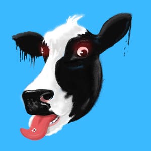 May include: A black and white cow with red eyes and a pink tongue sticking out. The cow's head is tilted to the side and its eyes are wide open. The background is a solid blue colour.