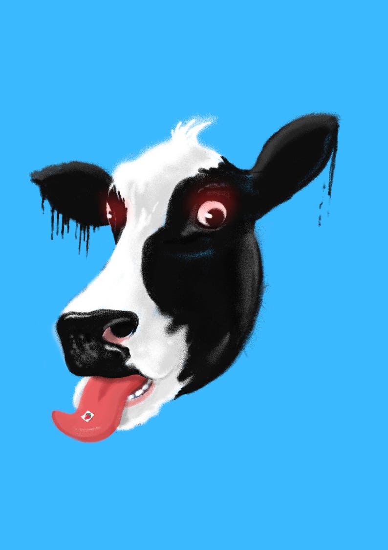 May include: A black and white cow with red eyes and a pink tongue sticking out. The cow's head is tilted to the side and its eyes are wide open. The background is a solid blue colour.