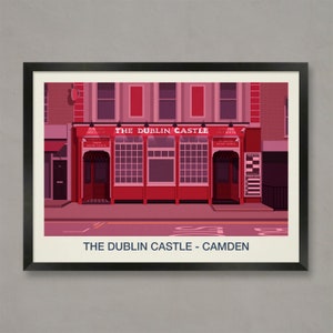 May include: A red brick building with a black framed sign that reads "The Dublin Castle" in white letters. The building has a red door and windows. The sign also says "Music Venue" and "Free House". The building is located in Camden, London.