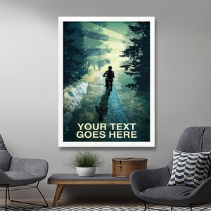 May include: A digital art print of a person riding a bicycle on a path through a forest. The path is lined with trees and the sun is shining through the leaves. The text "YOUR TEXT GOES HERE" is at the bottom of the print.