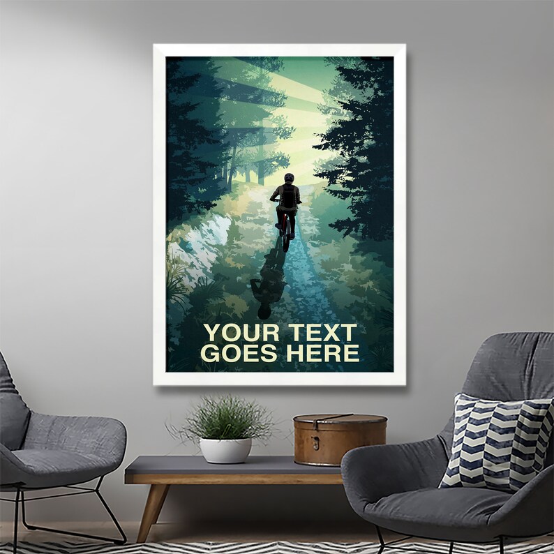 May include: A digital art print of a person riding a bicycle on a path through a forest. The path is lined with trees and the sun is shining through the leaves. The text "YOUR TEXT GOES HERE" is at the bottom of the print.