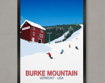 May include: A red building with the text "Burke Mountain Academy" on the side, with a ski slope in the foreground and skiers in the distance. The text "Burke Mountain Vermont - USA" is at the bottom of the image.