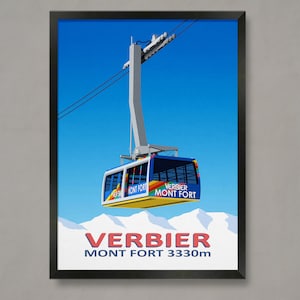 Cartel de esquí del teleférico de Verbier Mont Fort, cartel de la estación de esquí, impresión de esquí, cartel de snowboard, regalos de esquí, cartel de esquí