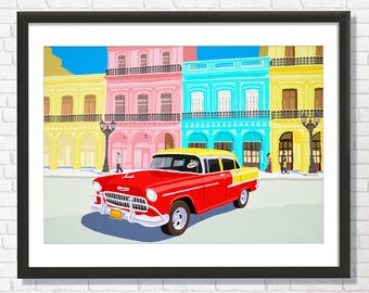 Havana ,Cuba Old Car parked on Street ,Wall Decor Art Print