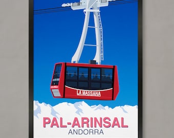 May include: A red and white cable car with the text "La Massana" on the side, against a blue sky with snow-capped mountains in the background. The text "Pal-Arinsal Andorra" is at the bottom of the image.