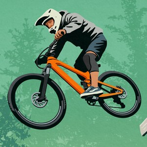 May include: A person wearing a white helmet and grey jacket rides an orange mountain bike with black tires and wheels. The bike is in mid-air, with the rider's leg extended. The background is a green forest.