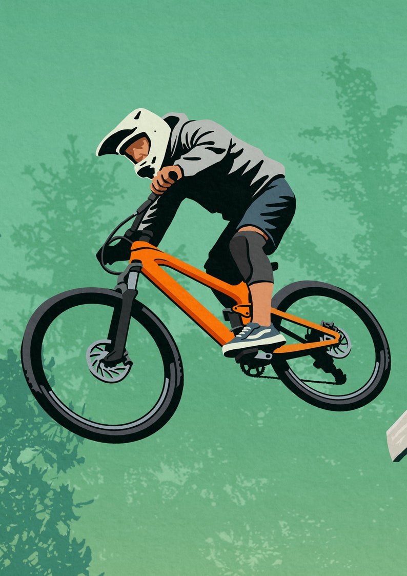 May include: A person wearing a white helmet and grey jacket rides an orange mountain bike with black tires and wheels. The bike is in mid-air, with the rider's leg extended. The background is a green forest.
