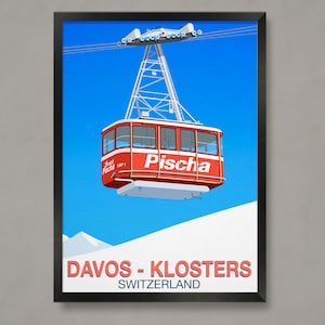 Davos Switzerland Ski Resort Poster: Vintage Cable Car Art Print