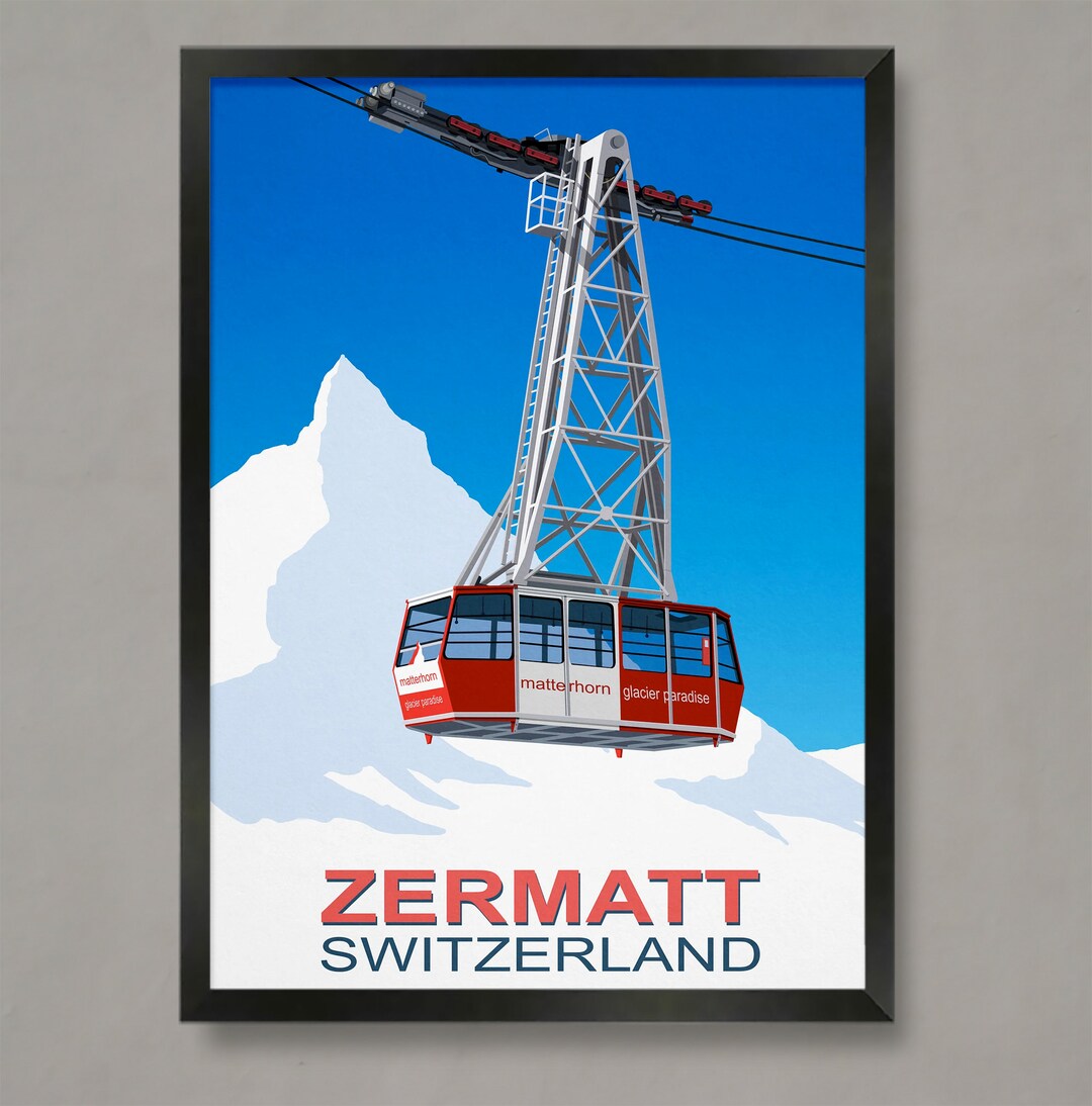 Zermatt Ski Resort Cable Car Poster, Ski Resort Poster, Ski Print