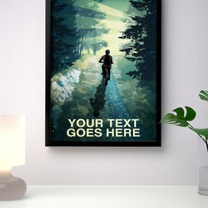 May include: A digital illustration of a person riding a bicycle on a path through a forest. The path is lined with trees and the sun is shining through the leaves. The text "YOUR TEXT GOES HERE" is at the bottom of the image.