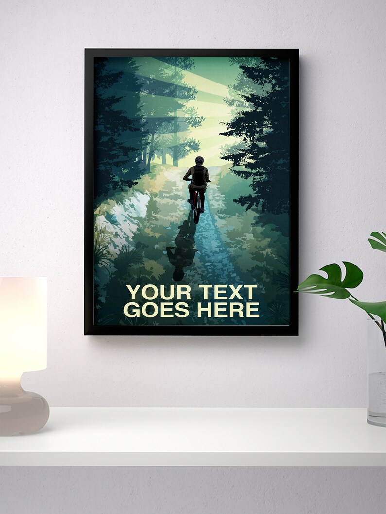 May include: A digital illustration of a person riding a bicycle on a path through a forest. The path is lined with trees and the sun is shining through the leaves. The text "YOUR TEXT GOES HERE" is at the bottom of the image.