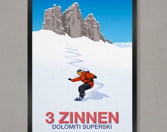 3 Zinnen Snowboarder Print: Italian Ski Resort Poster