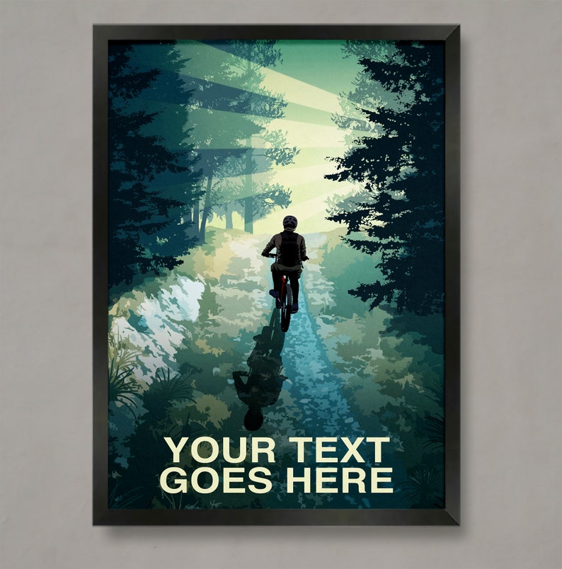 May include: A digital illustration of a person riding a bicycle on a path through a forest. The path is lined with trees and the sun is shining through the leaves. The text "YOUR TEXT GOES HERE" is at the bottom of the image.