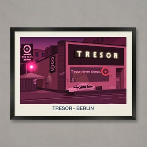 May include: A digital illustration of the Tresor nightclub in Berlin, Germany. The building is pink and has a sign that reads "Tresor" in white letters. The sign also has a red circle with a white dot in the centre. The text "Tresor never sleeps." is written below the sign. A white car is parked in front of the building.